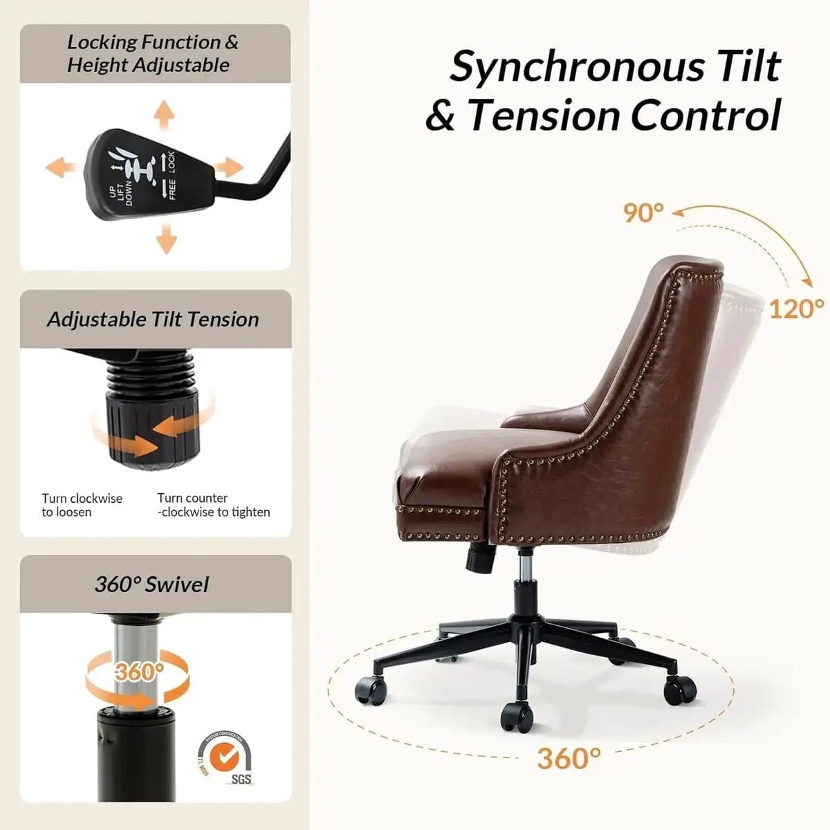 Brown faux leather ergonomic home office chair by TINA'S HOME with adjustable height and cushioned seat for comfort.