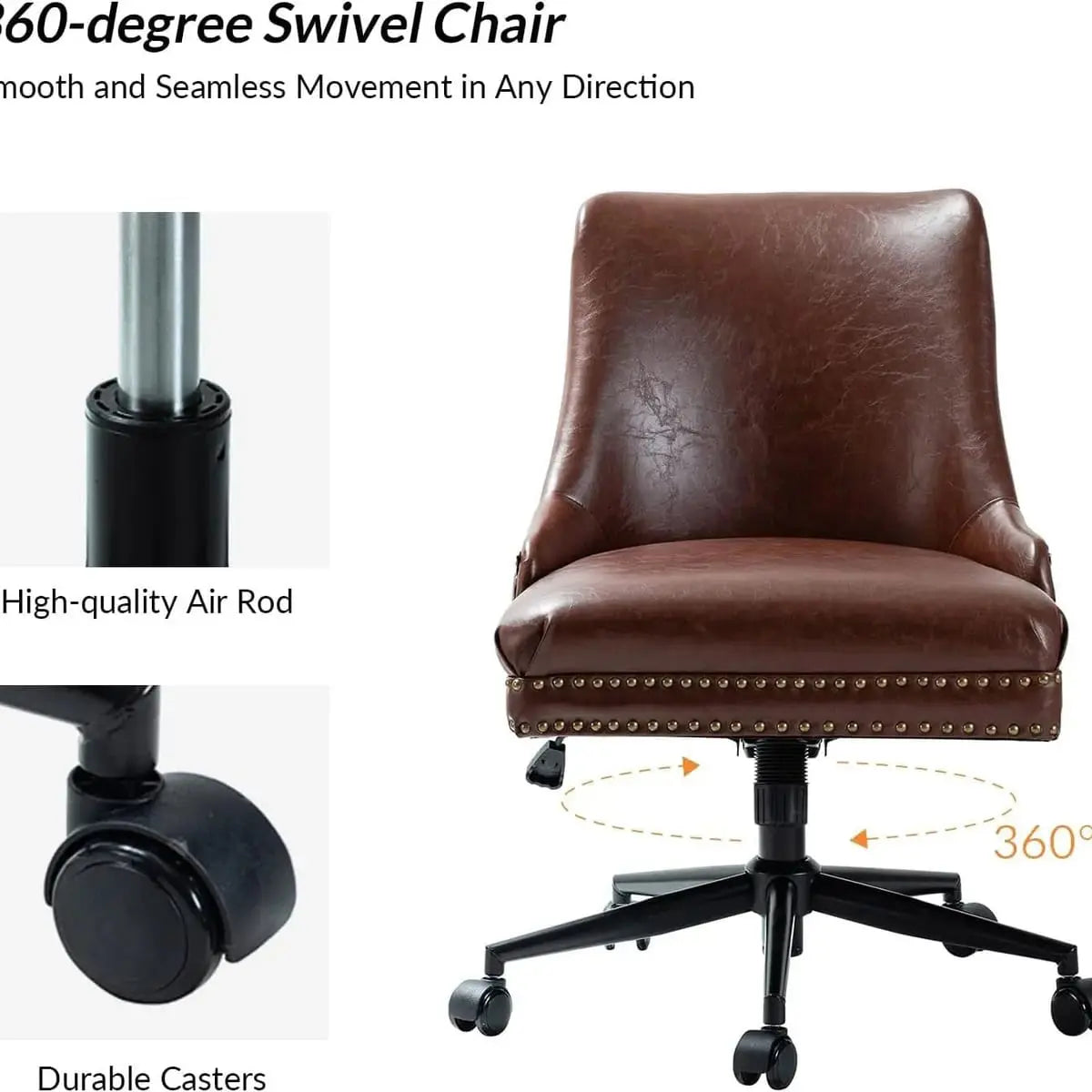 Brown faux leather ergonomic home office chair by TINA'S HOME with adjustable height and padded seat for comfort.