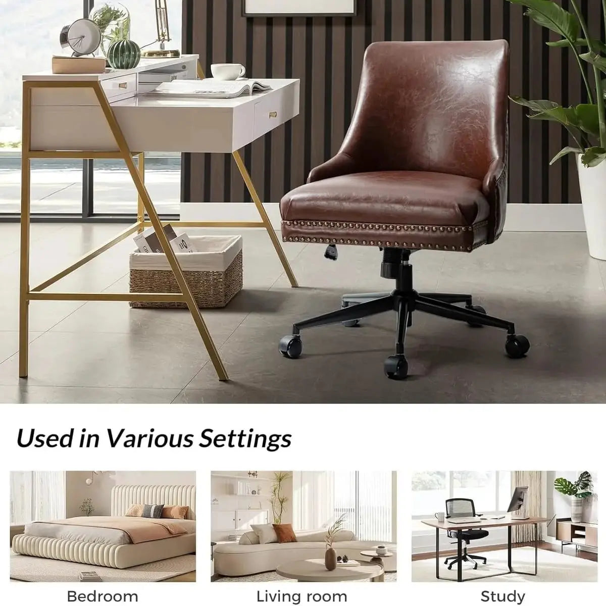 Brown faux leather ergonomic home office chair with adjustable height and padded seat for comfortable workspace seating.
