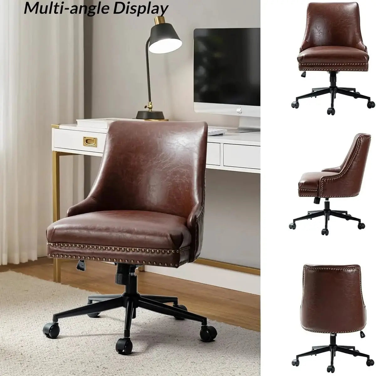 Brown TINA'S HOME faux leather ergonomic office chair with adjustable height and cushioned seat for comfortable home workspace.