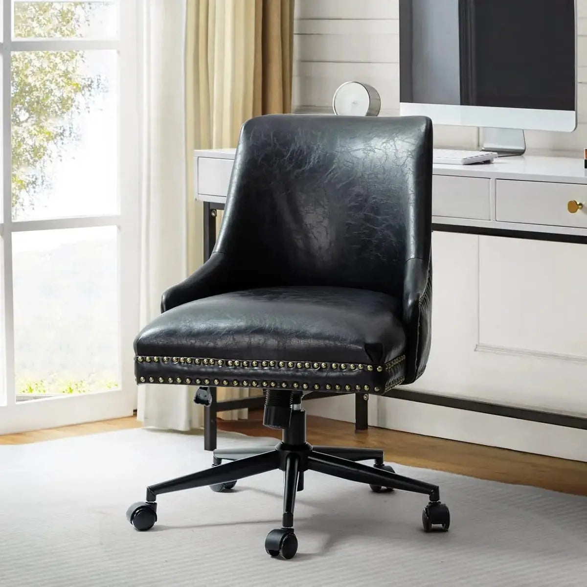 Brown faux leather ergonomic home office chair by TINA'S HOME with adjustable height and padded seat for comfort.