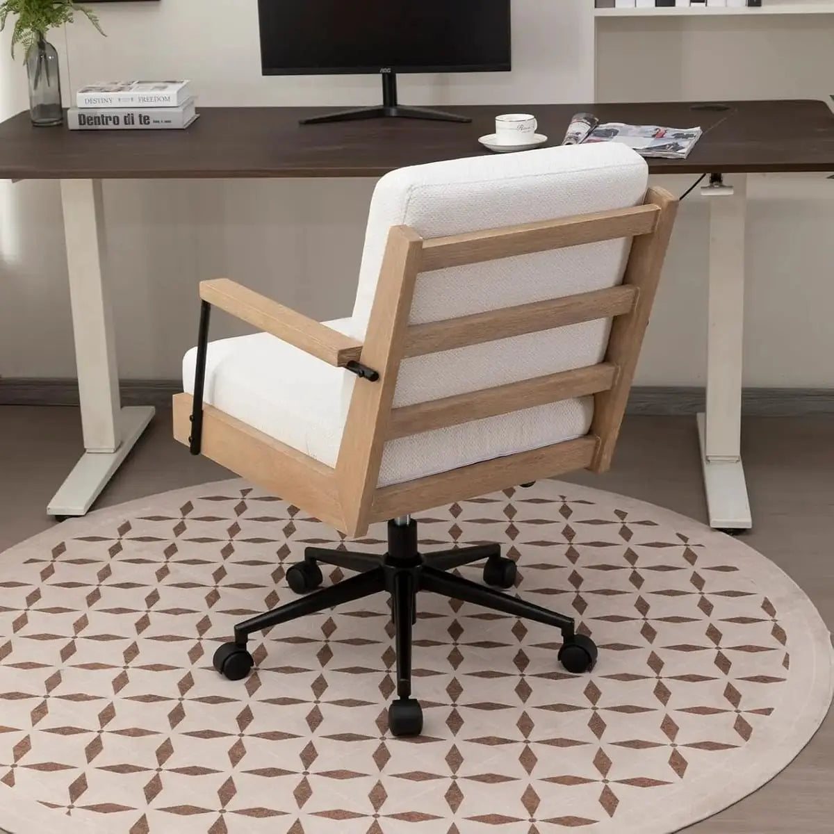 White Comfy Wood Desk Chair by TQHOQ featuring vintage farmhouse style home office seating with a cushioned seat and wooden frame.