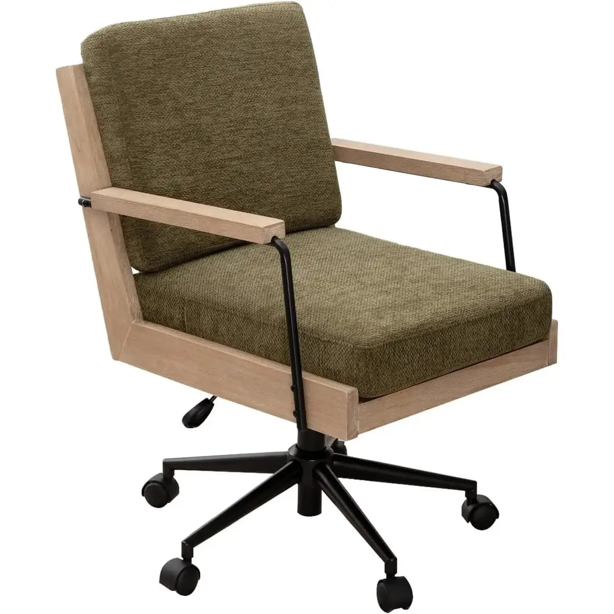 White Comfy Wood Desk Chair from TQHOQ with vintage farmhouse style, featuring a cushioned seat and wooden armrests for home office.