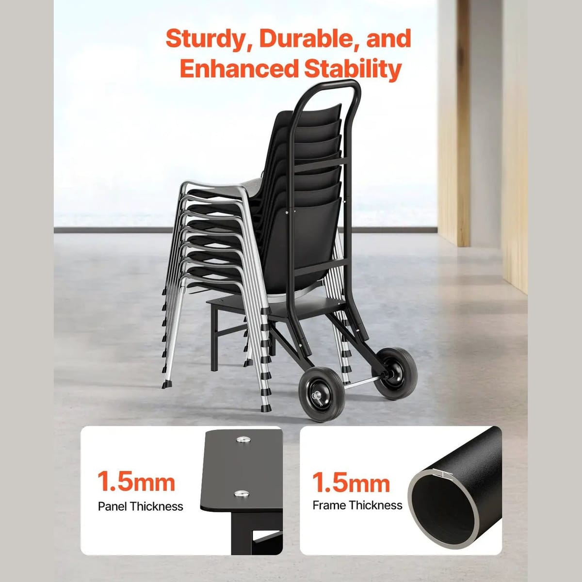 Vevor black folding chair rack cart holding 10 push-style chairs, sturdy steel frame, for easy transportation and storage.
