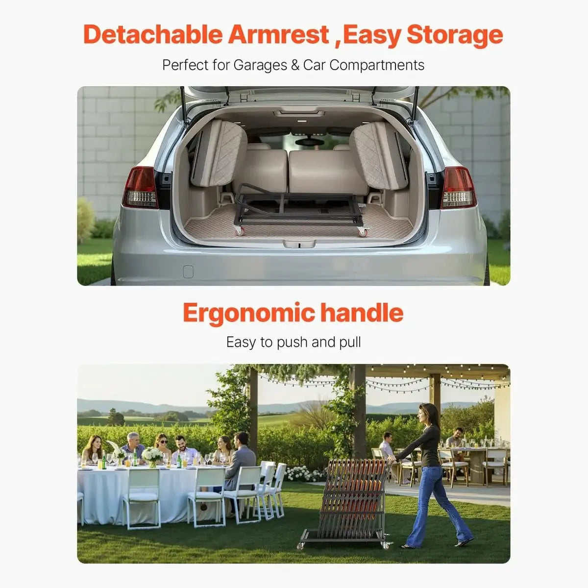 Vevor black folding chair rack cart holding 25 chairs, vertical L-shape design, sturdy for up to 300 lbs, ideal for event seating.