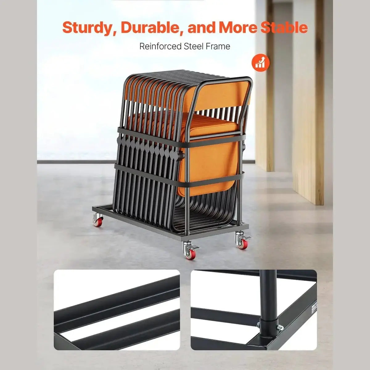 Vevor black folding chair rack cart for 25 chairs, sturdy L-shape vertical design, holds up to 300 lbs, ideal for restaurant or event use