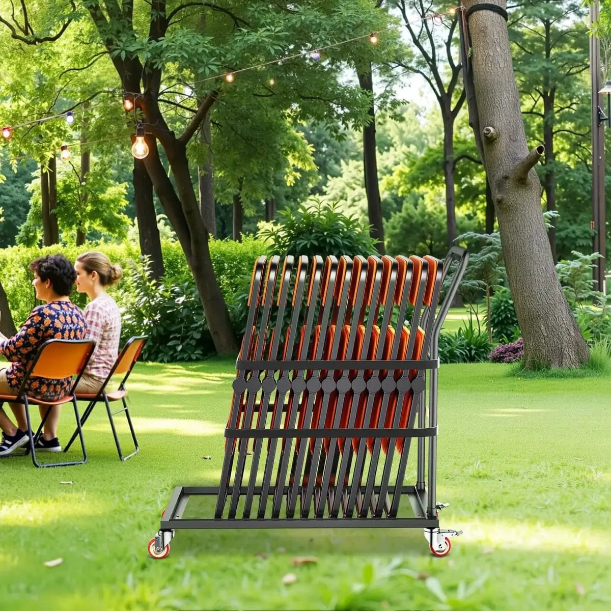 Vevor black folding chair rack cart holding 25 chairs, L-shape vertical design, durable steel construction, supports 300 lbs.