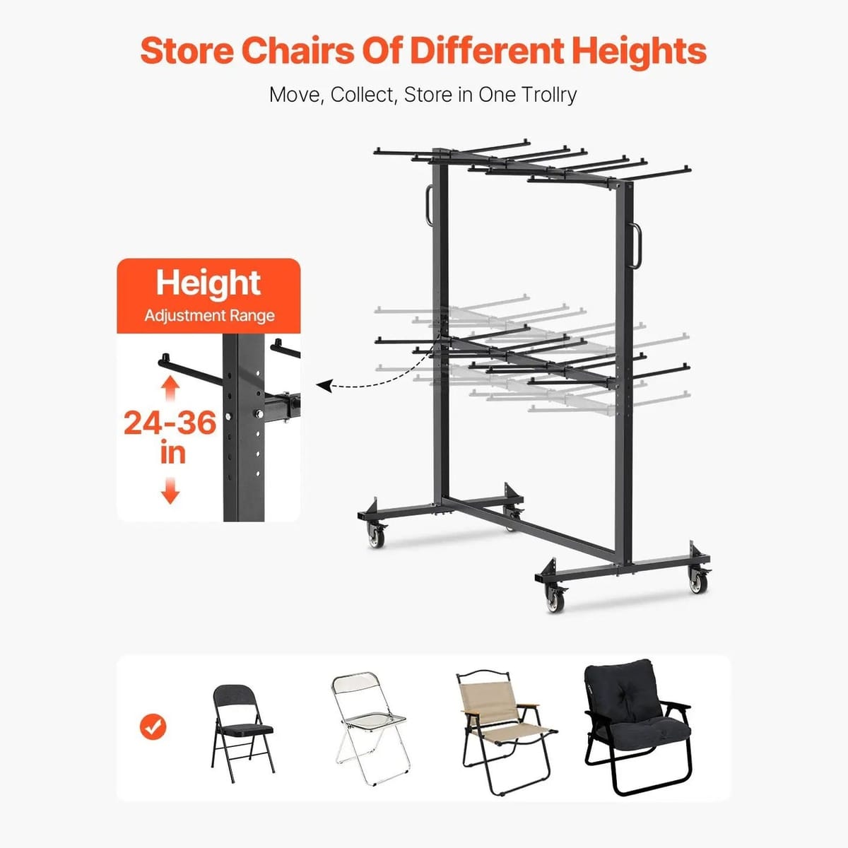 Vevor black folding chair rack cart with capacity for 84 chairs, 12 tables, and 42 chairs, supporting up to 800 lbs.