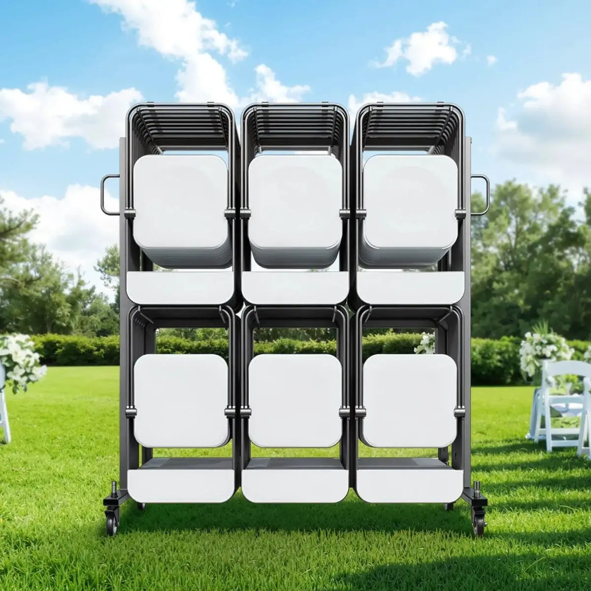 Vevor black folding chair rack cart holding up to 84 chairs, 12 tables, and 42 chairs, supporting 800 lbs, for efficient storage and transport.