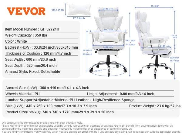 VEVOR High Back Office Chair with Adjustable Lumbar Support and Footrest - Heavy Duty PU Leather Design - Platinum-Level Office Chairs