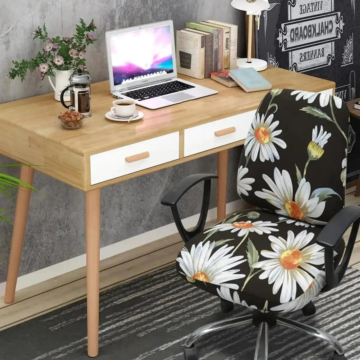 VIOKKO Life stretchable office chair cover with wild daisy pattern, two-piece universal slipcover fits most chairs.