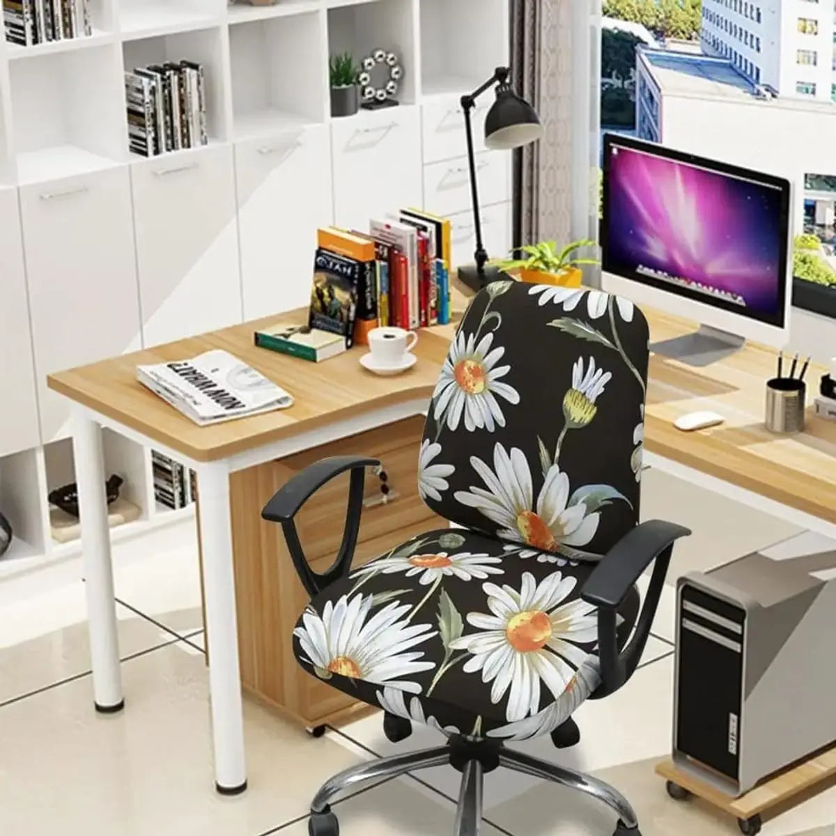 VIOKKO Life stretchable office chair cover with wild daisy pattern, 2-piece universal fit slipcover for office chairs.