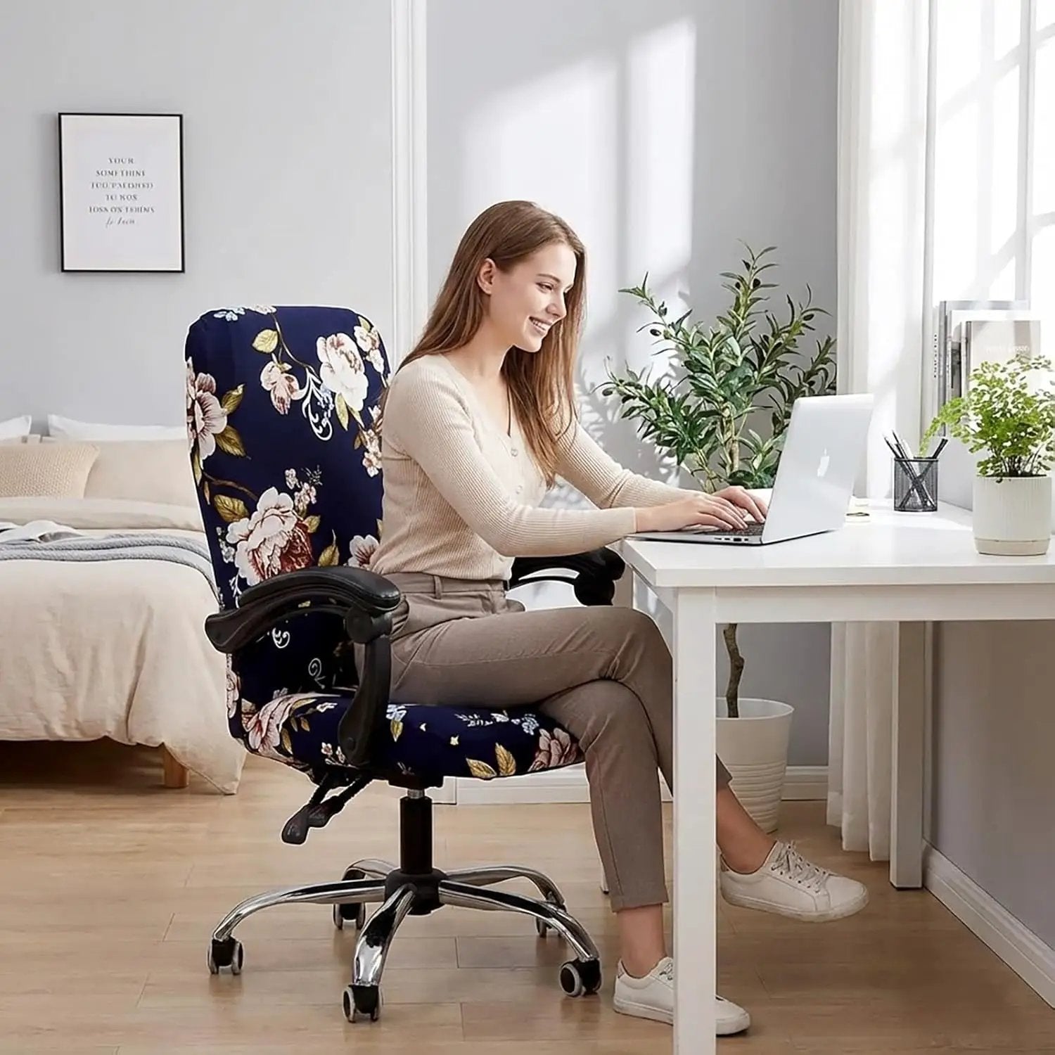 Womaco printed stretch-fit office chair slipcover with peony design, non-slip high-back cover for ergonomic seating.