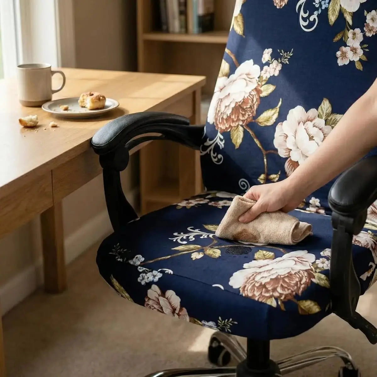 WOMACO printed office chair slipcover with peony design, stretch fit, non-slip, high back, suitable for protecting and decorating office chairs.
