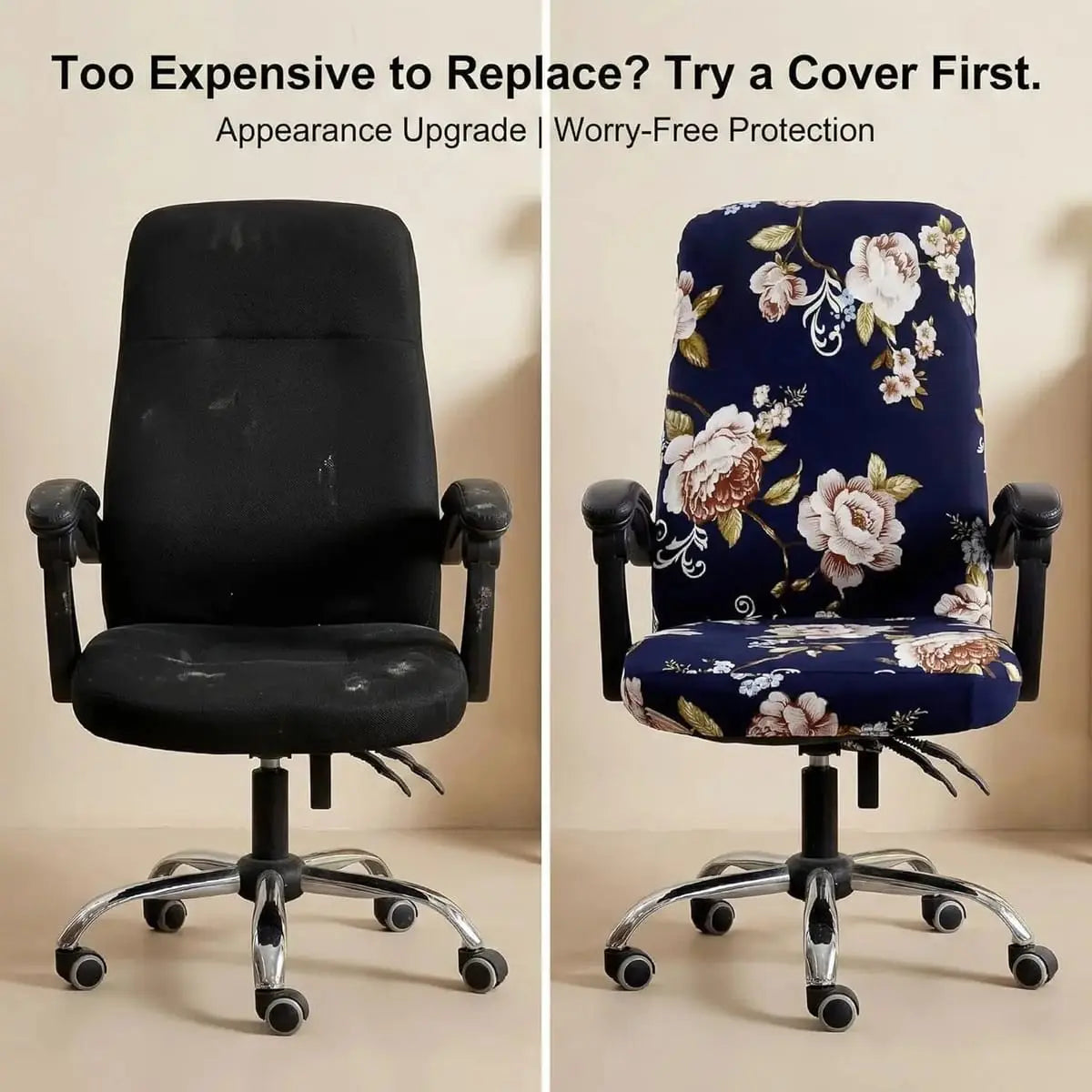 WOMACO printed office chair slipcover with stretch fit, non-slip high back design featuring a peony floral pattern.
