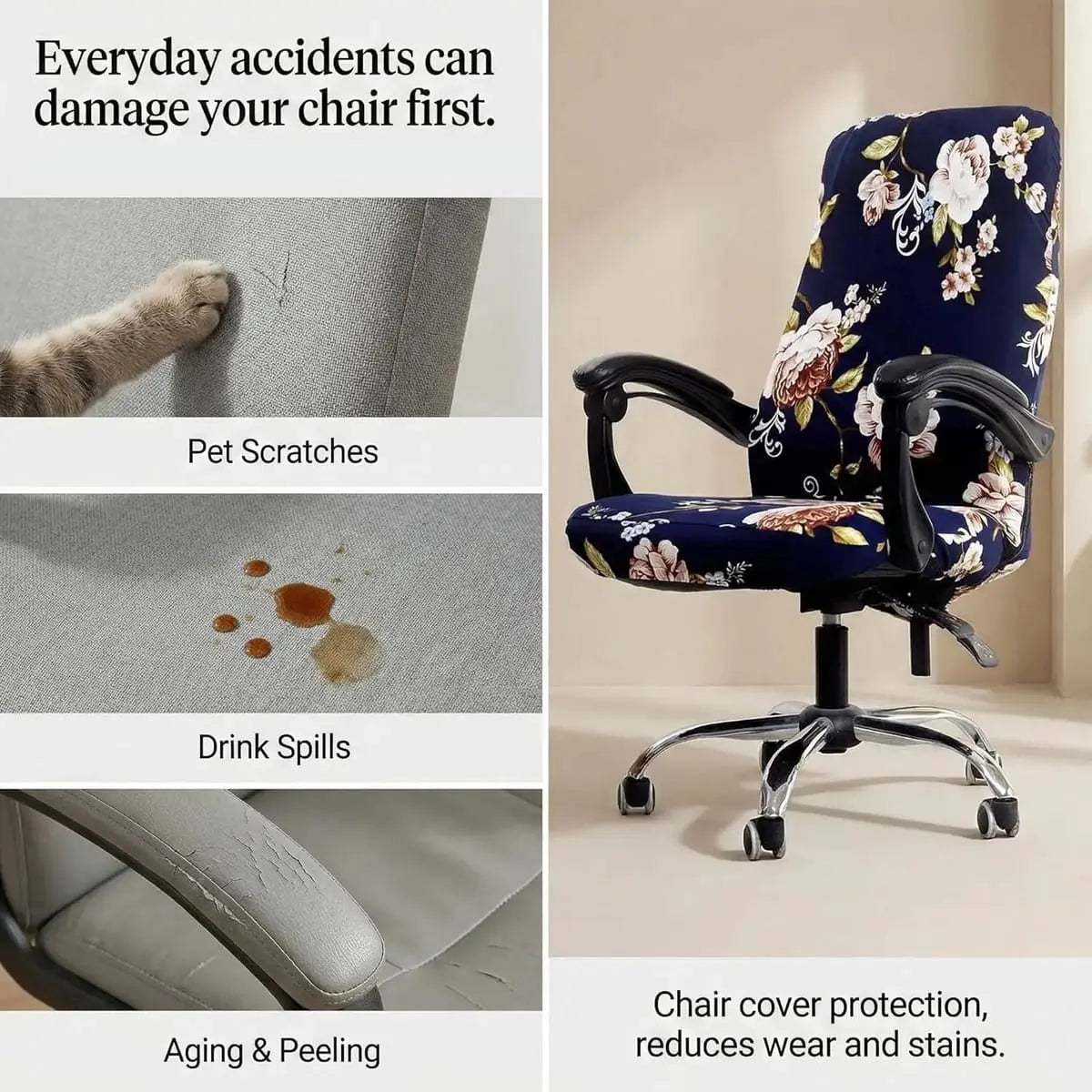 WOMACO printed stretch-fit office chair slipcover with peony design, non-slip, high-back, for a stylish and protected workspace seat