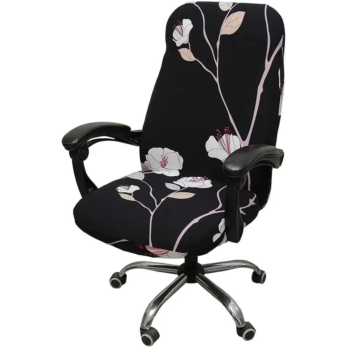 WOMACO printed office chair slipcover with stretch fit, non-slip design, high back, featuring a peony floral pattern on fabric.