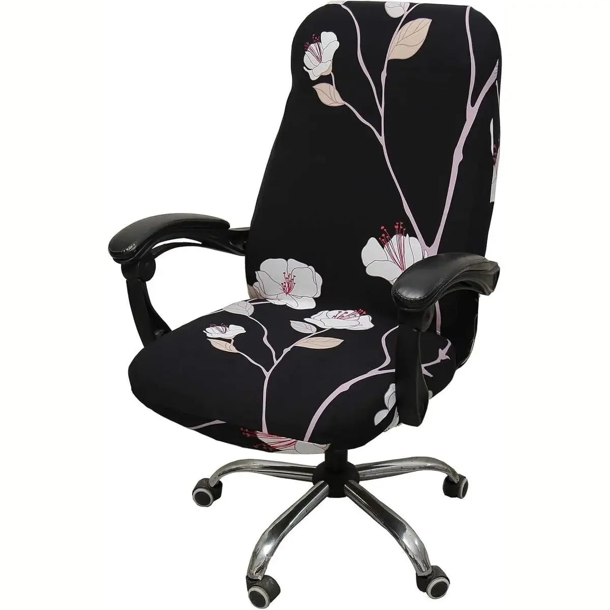 WOMACO printed stretch-fit office chair slipcover with peony design, non-slip high-back protection for ergonomic chairs.