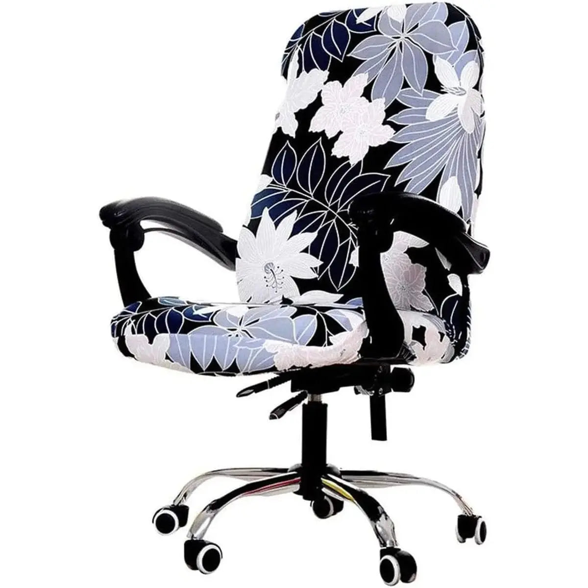 WOMACO printed office chair slipcover with peony design, stretch fit, non-slip, high-back for a professional workspace.