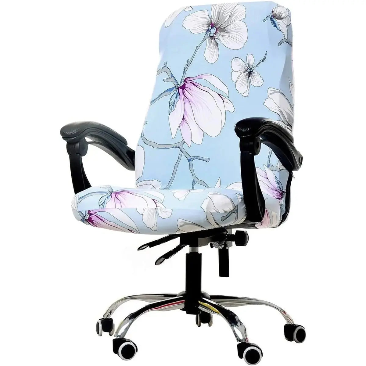 Womaco printed stretch-fit office chair slipcover with peony pattern, non-slip high-back design, fits large office chairs.