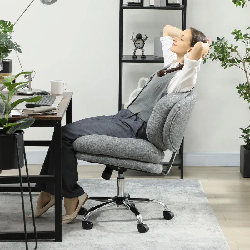 Grey Armless Desk Chair, Tufted Linen, Tilt and Swivel